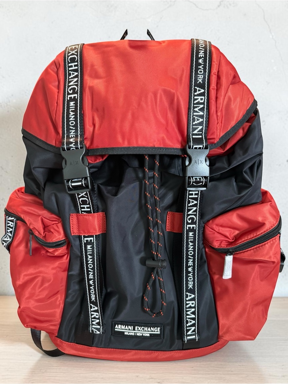 NWT Armani Exchange Burnt Orange and Black Nylon Drawstring Backpack
